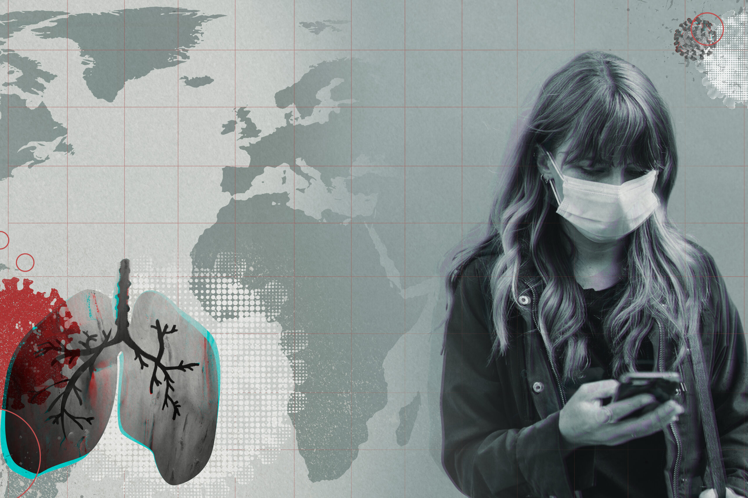 Woman with a face mask checking coronavirus news from her phone